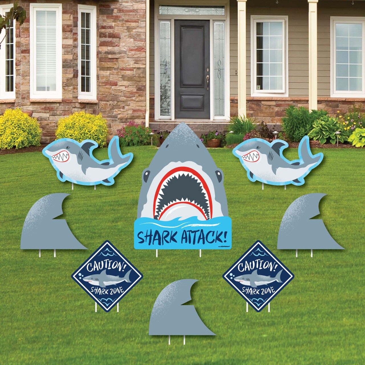 Big Dot of Happiness Shark Zone - Yard Sign and Outdoor Lawn Decorations - Jawsome Party or Birthday Party Yard Signs - Set of 8